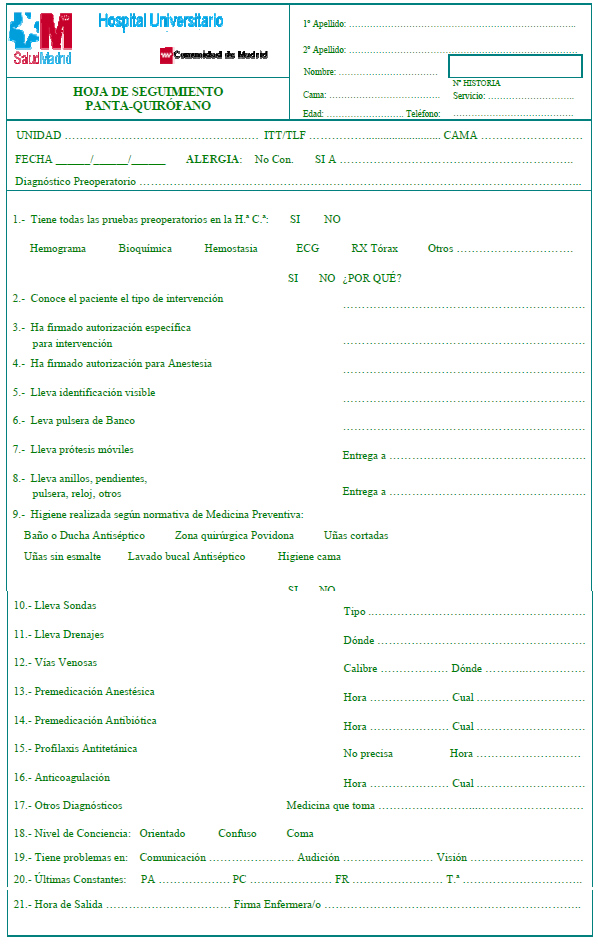 Hoja de seguimiento planta quirófano